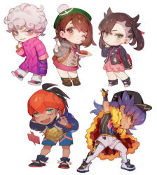Rule 34 | 2girls, 3boys, aqua eyes, arm up, asymmetrical bangs, backpack, bag, baseball cap, bede (pokemon), black footwear, black hair, black headwear, black jacket, blue shorts, brown eyes, brown footwear, brown hair, cape, cardigan, charizard pose, chibi, claw pose, coat, dark-skinned male, dark skin, dress, earrings, fang, food, fork, full body, fur-trimmed cape, fur trim, gen 4 pokemon, gloria (pokemon), gloves, green headwear, grey cardigan, gym leader, hair ribbon, hand in pocket, hat, holding, holding fork, holding plate, hood, hood up, hoodie, jacket, jewelry, leon (pokemon), long hair, marnie (pokemon), multiple boys, multiple girls, nintendo, open clothes, open jacket, pink dress, plate, pokemon, pokemon (creature), pokemon swsh, pom pom (clothes), purple coat, purple eyes, purple hair, raihan (pokemon), red ribbon, ribbon, rotom, rotom phone, shoes, short hair, shorts, simple background, sneakers, sportswear, swept bangs, tam o&#039; shanter, twintails, w, watch, wavy hair, white background, white hair, wristwatch, yellow eyes, zuizi