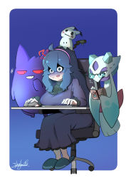 1girl ? ?? @_@ absurdres ahoge alternate_breast_size artist_name at_computer black_dress black_hair blue_background blue_eyes breasts chair commentary_request creatures_(company) dress flying_sweatdrops froslass game_freak gen_1_pokemon gen_4_pokemon gen_7_pokemon gengar hair_between_eyes hairband hex_maniac_(pokemon) highres john_(a2556349) computer_keyboard large_breasts long_dress long_hair long_sleeves messy_hair mimikyu computer_mouse nintendo office_chair on_head open_mouth pokemon pokemon_(creature) pokemon_on_head pokemon_xy purple_hair purple_hairband reading shaded_face sitting slippers surprised sweatdrop swivel_chair two-tone_background very_long_hair white_background