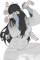 Rule 34 | 1girl, bar censor, black hair, black nails, blue skin, breasts, censored, colored skin, covered face, covered navel, cum, cum in pussy, disembodied penis, double handjob, dress, english text, ettone, gangbang, group sex, hairjob, handjob, highres, large breasts, long hair, nail polish, original, penis, penis grab, penis to breast, pussy juice, pussy juice puddle, see-through clothes, see-through dress, simple background, solo focus, squatting, white background, white dress, yamamura sadako