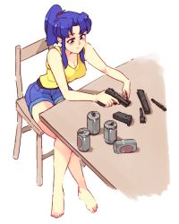 1girl assembling bare_legs barefoot blue_hair breasts can chair denim denim_shorts gun katsuragi_misato large_breasts long_hair neon_genesis_evangelion parted_bangs ponytail rtil shirt shorts sleeveless sleeveless_shirt solo table weapon yellow_shirt