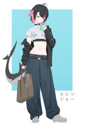 1girl absurdres ahoge alternate_costume bag black_choker black_hair black_jacket black_pants casual choker crop_top crop_top_overhang ear_piercing ellen_joe fins fish_tail hand_up highres holding holding_bag holding_phone jacket long_sleeves midfinger midriff mole mole_under_eye multicolored_hair navel off_shoulder open_clothes open_jacket pants phone piercing pink_hair red_eyes shark_tail shirt shoes short_hair short_sleeves solo stomach tail two-tone_hair white_shirt zenless_zone_zero