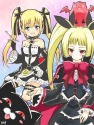 2girls arc_system_works bare_shoulders blazblue blonde_hair blue_eyes blush crossover dead_or_alive detached_sleeves dress fingerless_gloves gii gloves gothic_lolita hair_ribbon lolita_fashion long_hair marie_rose multiple_girls nago open_mouth rachel_alucard red_eyes ribbon smile spiritual_b90 twintails