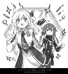 2girls anonymous_(yu-gi-oh!) blush dress duel_monster gloves hat holding_hands long_hair long_sleeves monochrome multiple_girls necktie open_mouth scarf sky_striker_ace_-_raye sky_striker_ace_-_roze twintails yu-gi-oh!