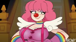 1girl ace_attorney animated armor blush bouncing_breasts breasts breasts_squeezed_together capcom choker cleavage clown_girl clown_nose eyeshadow female_focus geiru_toneido gloves large_breasts looking_at_viewer makeup medium_hair parowy pauldrons phoenix_wright:_ace_attorney_-_spirit_of_justice pink_hair rainbow shoulder_armor solo sound suspenders tagme upper_body video