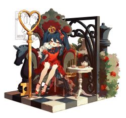 1girl absurdres birdcage black_hair blush bow cage chair checkered_floor chess_piece commentary crown cup dress fishnet_pantyhose fishnets flower hair_ribbon hand_on_own_cheek hand_on_own_face highres key long_hair long_sleeves looking_at_viewer mini_crown on_chair open_mouth original ozureiji pantyhose red_bow red_dress red_eyes red_flower red_ribbon red_rose red_shoes ribbon rose rose_bush shoes sitting smile solo symbol-only_commentary table teacup teapot twintails watermark white_pantyhose