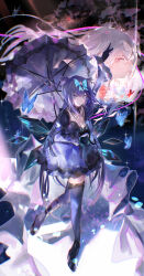 2girls absurdres arcaea bare_shoulders black_dress black_gloves black_hair black_umbrella blue_eyes blunt_bangs bow breasts butterfly_hair_ornament cleavage collarbone crystal_wings dress earrings garter_straps gloves hair_bow hair_ornament highres hikari_(arcaea) hikari_(fatalis)_(arcaea) jewelry large_breasts long_hair long_sleeves milbi multiple_girls pink_eyes tairitsu_(arcaea) tairitsu_(tempest)_(arcaea) thighhighs thighs tiptoes umbrella white_hair