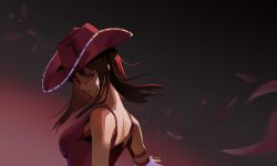 1girl armlet black_hair blue_eyes cowboy_hat floating_hair gradient_background hashtag-only_commentary hat highres jewelry light_smile looking_back miuny nico_robin one_piece petals purple_hat purple_shirt shirt sidelocks solo