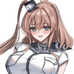 Rule 34 | 1girl, blue eyes, blush, breast pocket, breasts, brown hair, dimos (dawn 1945), dress, hair between eyes, high side ponytail, kantai collection, large breasts, long hair, long necktie, looking at viewer, open mouth, pocket, ponytail, saratoga (kancolle), saratoga mk ii (kancolle), short sleeves, sidelocks, simple background, smile, smokestack hair ornament, solo, upper body, white background, white dress