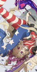 1girl absurdres american_flag_dress american_flag_legwear blonde_hair clownpiece fairy_wings foot_out_of_frame grey_background grin hat highres holding holding_torch jester_cap looking_at_viewer moon neck_ruff open_mouth pantyhose planet polka_dot red_eyes shimiya_jin short_sleeves signature smile solo star_(symbol) star_print striped_clothes teeth torch touhou twitter_username upside-down wings