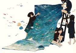 5girls barefoot black_hair black_shirt black_shorts canvas_(object) closed_mouth fish flying_fish hair_over_one_eye highres ka_(996beshi) knees_up ladder multiple_girls one_eye_covered original painting_(object) shirt short_hair shorts sitting smile standing white_background