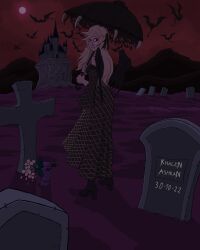 Rule 34 | absurdres, arm scrunchie, arm up, bat (animal), bat wings, castle, cementery, cracked skin, dress, duel monster, european architecture, familiar, flower, gothic lolita, highres, holding, holding umbrella, khalenashkan, lolita fashion, long dress, moon, non-web source, red eyes, red moon, tombstone, tower, umbrella, undead, vampire, vampire fraulein, vampires, wings, yu-gi-oh!