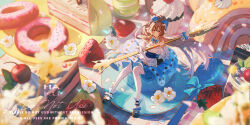 1girl animal_ears arknights black_shoes blue_bow blue_bowtie blue_skirt bow bowtie brown_hair closed_mouth commentary cream cupcake curled_horns donut english_commentary eyjafjalla_(arknights) eyjafjalla_the_hvit_aska_(a_picnic_before_a_long_trip)_(arknights) eyjafjalla_the_hvit_aska_(arknights) flower food fork fruit full_body hair_bow haku_(muc12b) highres holding holding_fork horns lens_flare long_hair long_sleeves looking_at_viewer mini_person minigirl official_alternate_costume pantyhose plate sheep_ears sheep_girl sheep_horns shirt shoes sitting skirt smile solo strawberry watermark white_flower white_horns white_pantyhose white_shirt