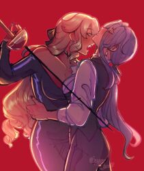 Rule 34 | alternate costume, artist name, black shirt, black vest, blonde hair, blue hair, breasts, clorinde (genshin impact), closed eyes, commentary, drill hair, drill sidelocks, earrings, fangs, foil (fencing), from side, genshin impact, hand on another&#039;s waist, highres, holding, holding sword, holding weapon, jewelry, long hair, long sleeves, low ponytail, navia (genshin impact), off-shoulder shirt, off shoulder, open mouth, pants, ponytail, red background, scoop neck, shirt, sidelocks, simple background, sugarbirdie, sword, symbol-only commentary, very long hair, vest, weapon, white shirt, yuri