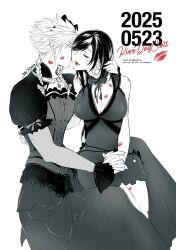 Rule 34 | 1boy, 1girl, absurdres, bare shoulders, black hair, blush, braid, breasts, cleavage, closed eyes, cloud strife, cloud strife (blue dress), commentary, corset, couple, crescent, crescent earrings, crescent moon, crossdressing, crossdressing (mtf), dated, dress, earrings, feet out of frame, final fantasy, final fantasy vii, final fantasy vii remake, fishnet sleeves, fishnets, hand in another&#039;s hair, hand on another&#039;s neck, highres, holding hands, interlocked fingers, jewelry, kirinomon, kiss, kiss day, kissing cheek, large breasts, lipstick mark, lipstick mark on arm, lipstick mark on breast, lipstick mark on face, lipstick mark on leg, lipstick mark on neck, lipstick mark on shoulder, long dress, long hair, low twin braids, moon, neck ribbon, official alternate costume, puffy short sleeves, puffy sleeves, red lips, ribbon, short dress, short sleeves, signature, simple background, sitting, sitting on lap, sitting on person, sleeveless, sleeveless dress, spiked hair, spot color, swept bangs, symbol-only commentary, tifa lockhart, tifa lockhart (refined dress), twin braids, white background