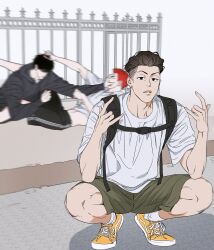 ankle_socks attack backpack bag bishounen black_eyes black_hair black_hoodie black_shorts brown_eyes brown_hair clothes_pull feet_out_of_frame fighting gate grabbing_another&#039;s_hair green_shorts hand_on_another&#039;s_face highres holding_another&#039;s_hair hood hoodie imminent_punch looking_at_viewer lying male_focus midriff_peek miyagi_ryouta nolja_cz on_back on_ground open_mouth outdoors red_hair rukawa_kaede sakuragi_hanamichi shirt shirt_pull shoes short_hair shorts slam_dunk_(series) socks squatting toned toned_male undercut wavy_hair white_shirt white_socks yellow_shoes