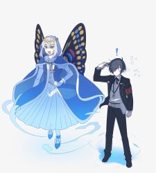Rule 34 | !, 2boys, agata720, arm at side, armband, arthropod boy, black jacket, black pants, black ribbon, black shoes, blue cape, blue eyes, blue hair, blue robe, blue shoes, bow, butterfly wings, cape, collared dress, crossover, crown, digital media player, digital walkman, dress, earphones, evoker, fate/grand order, fate (series), floating, footwear bow, frilled sleeves, frills, full body, gekkoukan high school uniform, grey background, grey hair, hair between eyes, hair over one eye, hand up, highres, holding, holster, insect wings, jacket, juliet sleeves, long sleeves, looking ahead, looking at another, male focus, medium hair, multiple boys, neck ribbon, no mouth, oberon (fate), oberon (first ascension) (fate), open clothes, open jacket, open mouth, pants, persona, persona 3, puffy sleeves, red armband, ribbon, robe, school uniform, shirt, shoes, short hair, simple background, smile, standing, walkman nw-s203f, white bow, white dress, white shirt, wide-eyed, wings, yuuki makoto (persona 3)