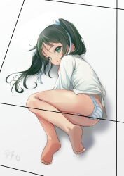 1girl absurdres ass barefoot black_hair commentary_request fetal_position francesca_lucchini green_eyes highres long_hair looking_at_viewer lying on_side panties shirt solo strike_witches striped_clothes striped_panties twintails underwear white_shirt world_witches_series yashin_(yasinz)