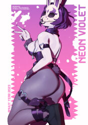 1girl 2023 animal_ears arm_up ass aurahack bare_shoulders black_shoes breasts detached_collar fake_animal_ears fake_tail from_behind grey_pantyhose highres leg_up leotard mask medium_breasts medium_hair neon_violet neon_white pale_skin pantyhose playboy_bunny purple_background purple_hair purple_nails rabbit_ears rabbit_tail shoes simple_background sneakers solo strapless tail v wrist_cuffs