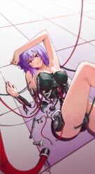 1girl absurdres arm_on_own_head arm_up armpits breasts cable collarbone cowboy_shot cyborg disassembly fr-ee-dom ghost_in_the_shell hair_between_eyes hand_up highres kusanagi_motoko leg_up lying mechabare medium_breasts medium_hair on_back open_mouth pink_eyes purple_eyes purple_hair solo tile_floor tiles
