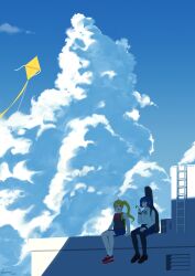 2girls ahoge black_pantyhose black_ribbon black_shoes blonde_hair blue_hair blue_skirt blue_sky bocchi_the_rock! bow cloud cloudy_sky collared_shirt commentary_request cumulonimbus_cloud day dress_shirt ijichi_nijika instrument_case instrument_case_on_back kite kosumi ladder long_hair multiple_girls neck_ribbon on_roof outdoors pantyhose pleated_skirt red_bow red_shoes ribbon shirt shoes side_ponytail sitting skirt sky socks sweater_vest very_long_hair white_shirt white_socks yamada_ryo