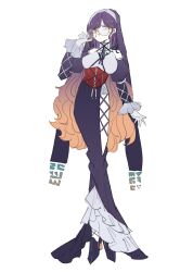 1girl alternate_costume bare_shoulders closed_mouth corset dress frills full_body glasses gradient_hair highres hijiri_byakuren long_hair long_sleeves looking_at_viewer multicolored_hair orange_hair purple_dress purple_hair purple_shoes round_eyewear shoes smile solo standing touhou very_long_hair white_background yellow_eyes zenritsu