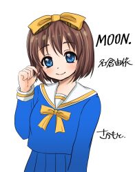 1girl blue_eyes blue_serafuku bow brown_hair hair_bow highres moon_(game) nakura_yui sakamoto_(skmoont) school_uniform serafuku short_hair smile solo yellow_bow