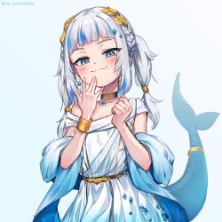 1girl :3 artist_name bad_tag blue_eyes blue_hair blunt_bangs braid child collarbone commentary dress fins fish_tail gawr_gura gawr_gura_(party_dress) hand_to_own_mouth highres hololive hololive_english light_blush long_hair looking_at_viewer lw_goombang multicolored_hair official_alternate_costume shark_girl shark_tail simple_background smile smug solo streaked_hair symbol-only_commentary tail twintails twitter_username two-tone_hair uwu virtual_youtuber white_background white_hair