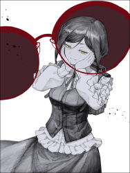 1girl backpack bag breasts closed_mouth collared_shirt commentary_request cowboy_shot frilled_shirt frilled_sleeves frills fukurai_azami glasses greyscale hair_between_eyes hands_on_own_cheeks hands_on_own_face hands_up kisaragi_ayumi long_sleeves looking_at_viewer medium_breasts monochrome puffy_long_sleeves puffy_sleeves revealing_layer shirt short_hair simple_background skirt smile solo spoilers spot_color standing tatuta_ryu toshi_densetsu_kaitai_center white_background yellow_eyes