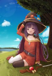 Rule 34 | 1girl, bandaged leg, bandages, belt, belt collar, black cape, black collar, black thighhighs, blue sky, boots, breasts, brown belt, brown boots, brown gloves, cape, cloud, collar, cosplay, dress, fallenshadow, fingerless gloves, gloves, grass, hair ornament, hat, highres, indie virtual youtuber, kono subarashii sekai ni shukufuku wo!, long hair, looking at viewer, megumin, megumin (cosplay), open mouth, purple eyes, purple hair, red dress, rurikon, short dress, single thighhigh, sky, small breasts, smile, solo, thighhighs, tree, twintails, virtual youtuber, water, witch hat, x hair ornament