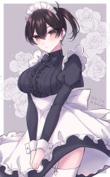 1girl alternate_costume apron black_dress breasts brown_eyes brown_hair commentary_request cowboy_shot dated dress enmaided frilled_apron frills garter_straps hair_between_eyes highres kabocha_torute kaga_(kancolle) kantai_collection large_breasts long_sleeves looking_at_viewer maid maid_apron maid_headdress one-hour_drawing_challenge puffy_sleeves short_hair short_sidetail side_ponytail solo thighhighs twitter_username waist_apron white_apron white_thighhighs wrist_cuffs