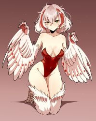 1girl absurdres bare_shoulders bird_legs breasts claws commentary covered_navel english_commentary feathers green_eyes hair_between_eyes harpy highleg highleg_leotard highres kneeling leotard long_hair looking_at_viewer medium_breasts monster_girl multicolored_hair navel original red_background red_leotard solo streaked_hair talons unreal_fish white_feathers white_hair white_wings wings