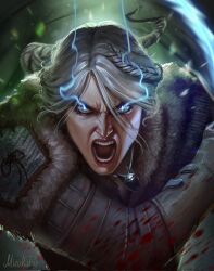 1girl armor blood blood_splatter blue_eyes braid braided_ponytail ciri facial_scar glowing glowing_eyes highres long_hair looking_at_viewer mizuki_katsu open_mouth scar scar_on_cheek scar_on_face signature solo teeth the_witcher_(series) the_witcher_4 upper_body white_hair witcher_medallion