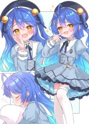 Rule 34 | absurdres, ahoge, amamiya kokoro, bell, beret, blue hair, blush, bow, calling, closed eyes, dress, fang, hair bell, hair between eyes, hair ornament, hair ribbon, happy, hat, highres, hugging object, jingle bell, long hair, looking at viewer, matcha november, mini wings, multiple views, nijisanji, open mouth, over-kneehighs, ribbon, scales, simple background, skin fang, sleepy, thighhighs, two side up, very long hair, virtual youtuber, wings, x hair ornament, yellow eyes