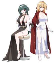2girls astra_yao bare_shoulders black_choker black_dress black_gloves black_hair black_shoes blonde_hair breasts choker cleavage coat coat_on_shoulders covered_navel dress elbow_gloves evelyn_chevalier evening_gown feather_boa gloves hairband hand_on_own_hip high_heels highres large_breasts long_hair multiple_girls noa_(noa01010) one_eye_closed purple_eyes red_coat red_eyes shoes sitting smile thigh_beads uneven_bangs white_choker white_dress white_gloves white_hairband white_shoes zenless_zone_zero