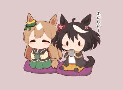 2girls ahoge animal_ears black_hair black_jacket black_socks blush_stickers brown_background brown_hair brown_shirt chibi closed_eyes cup gomashio_(goma_feet) green_skirt holding holding_cup horse_ears horse_girl horse_tail jacket kitasan_black_(umamusume) long_hair long_sleeves multicolored_hair multiple_girls open_clothes open_jacket satono_diamond_(umamusume) seiza shirt shorts simple_background sitting skirt sleeveless sleeveless_jacket socks steam streaked_hair tail translation_request two_side_up umamusume very_long_hair white_hair white_shirt yellow_shorts yunomi |_|