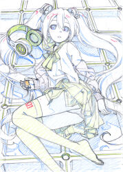 1girl bare_shoulders blue_eyes bow bowtie cable digital_media_player expressionless feet foot_out_of_frame graphite_(medium) hair_between_eyes hair_ornament hatsune_miku headphones highres holding holding_digital_media_player jacket jacket_partially_removed limited_palette long_hair lying miniskirt no_shoes on_side panties pantyshot pleated_skirt sailor_collar shirt shiwasu_takashi skirt sleeveless sleeveless_shirt solo sweater_jacket tareme tile_floor tiles traditional_media twintails underwear unworn_headphones upskirt very_long_hair vocaloid wavy_hair yellow_bow yellow_bowtie yellow_sailor_collar yellow_skirt yellow_theme