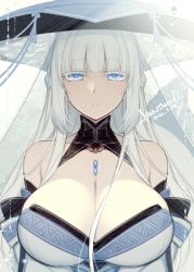 Rule 34 | 1girl, bare shoulders, blue eyes, blue hat, blunt bangs, breasts, cleavage, closed mouth, collarbone, colored eyelashes, dated, detached sleeves, expressionless, eyelashes, hat, japanese clothes, kimono, konshin, large breasts, long hair, original, see-through clothes, signature, silver hair, simple background, solo, strapless, upper body, water drop, white background, white kimono