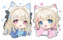 Rule 34 | 2girls, :d, animal ear fluff, animal ears, blonde hair, blue eyes, blue jacket, blue nails, blue shirt, blue streaks, blunt bangs, blush, chibi, chibi only, commentary, cropped torso, dog ears, dog girl, dot nose, fang, fuwawa abyssgard, hair ornament, hairclip, hand up, highres, hololive, hololive english, jacket, long hair, long sleeves, looking at viewer, mococo abyssgard, multicolored hair, multiple girls, nail polish, open clothes, open jacket, open mouth, parallel hairclips, pink eyes, pink jacket, pink streaks, plaid clothes, plaid shirt, shirt, short hair, skin fang, sleeveless, sleeveless shirt, smile, streaked hair, symbol-only commentary, white background, white shirt, x hair ornament, yuni (irohasuiroiro)