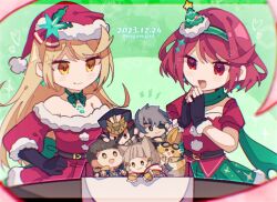 christmas morag_ladair_(xenoblade) mugimugis mythra_(xenoblade) nia_(xenoblade) pyra_(xenoblade) red_eyes red_hair rex_(xenoblade) stuffed_toy tora_(xenoblade_2) xenoblade_chronicles_(series) xenoblade_chronicles_2 zeke_von_genbu_(xenoblade)