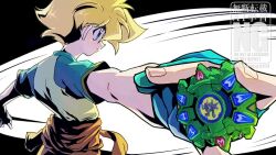 1boy bakuten_shoot_beyblade beyblade beyblade_(object) black_background blonde_hair cowboy_shot fingerless_gloves from_behind gloves green_gloves green_shirt jacket male_focus medium_hair mizuhara_max orange_jacket shirt simple_background solo tied_jacket tkoknmy0321 watermark white_background