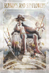 1boy black_cape black_eyes black_hair cape commentary english_commentary english_text facial_scar flower full_body hat highres ira_fook katana male_focus monkey_d._luffy one_piece open_clothes open_shirt outdoors pirate pirate_hat red_shirt scar scar_on_cheek scar_on_chest scar_on_face shirt short_hair sitting slingshot_(weapon) smile solo sun_symbol sword weapon