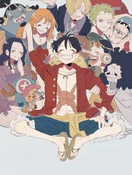 2girls 6+boys ^_^ afro antlers black_hair blonde_hair blue_hood blue_shorts blue_skin blush brook_(one_piece) buzz_cut closed_eyes colored_skin commentary_request cross curly_eyebrows facial_hair formal_clothes franky_(one_piece) full_body goatee goggles goggles_on_head green_hair hat highres hood horns jinbe_(one_piece) long_hair long_nose monkey_d._luffy multiple_boys multiple_girls mustache nami_(one_piece) nico_robin one_piece orange_hair pink_hat red_shirt reindeer_antlers roronoa_zoro sandals sanji_(one_piece) scar scar_on_chest sharp_teeth shirt short_hair shorts skeleton smile straw_hat straw_hat_pirates suit teeth telushake_opnk tony_tony_chopper tusks twitter_username usopp v-shaped_eyebrows very_short_hair