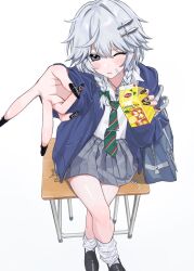 1girl :p ai_ai_gasa alternate_costume bag black_nails blue_bag blue_jacket blush bow braid brand_name_imitation collared_shirt commentary_request contemporary cool&amp;create cover diagonal-striped_clothes diagonal-striped_necktie drinking_straw fake_nails fingernails green_bow green_necktie grey_hair grey_skirt hair_bow hamafugu highres holding_juice_box izayoi_sakuya jacket jewelry knife_hair_ornament lipton long_fingernails long_hair long_sleeves looking_at_viewer loose_necktie nail_art necklace necktie one_eye_closed open_clothes open_jacket pendant pleated_skirt school_bag school_uniform shirt side_braids simple_background sitting skirt solo star_(symbol) striped_clothes tongue tongue_out touhou twin_braids v white_background white_shirt