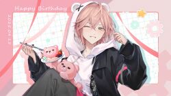 1boy 2025 bishounen blush commentary crossed_legs dated fork green_eyes hair_between_eyes happy_birthday holding holding_fork holostars hood hood_up hoodie looking_at_viewer male_focus one_eye_closed pants pink_hair pink_theme rikka_(holostars) short_hair slime_(user_jpds8754) smile stuffed_animal stuffed_toy symbol-only_commentary teddy_bear virtual_youtuber white_hoodie
