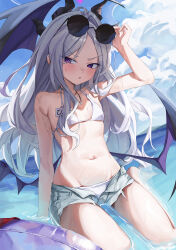 1girl absurdres alternate_costume bare_shoulders bikini bikini_under_shorts blue_archive breasts cloud cloudy_sky day demon_horns demon_wings denim denim_shorts eyewear_on_head highres hina_(blue_archive) horns loli long_hair looking_at_viewer navel no_shirt outdoors parted_lips purple_eyes rosu_1109 round_eyewear shorts sitting sky small_breasts solo stomach sunglasses swim_ring swimsuit very_long_hair water wet white_bikini white_hair white_shorts wings yokozuwari