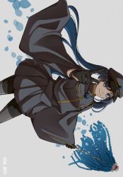 Rule 34 | 1girl, ado (utaite), black gloves, black hair, blue eyes, blue hair, chando (ado), closed mouth, commentary, gloves, grey hat, grey jacket, grey skirt, hand up, hat, highres, holding, jacket, keeko (kk 0012), long hair, mole, mole under eye, senbonzakura (vocaloid), skirt, solo, twintails