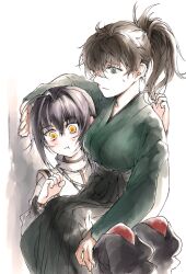 1girl 1other :t absurdres ahoge blue_hair breasts brown_hair closed_mouth commentary_request constricted_pupils face_to_breasts fate/samurai_remnant fate_(series) frown genderswap genderswap_(mtf) hair_between_eyes hair_intakes hair_over_one_eye highres japanese_clothes kimono korean_commentary large_breasts light_blush long_sleeves mixed-language_commentary miyamoto_iori_(fate) mul1062363 multicolored_kimono one_eye_covered orange_eyes ponytail pout profile short_ponytail sitting sitting_on_person sweatdrop yamato_takeru_(fate)