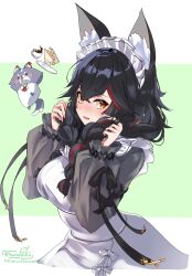 absurdres animal_ears black_bow black_bowtie black_hair blush bow bowtie braid commentary cross-laced_clothes cross-laced_sleeves grey_shirt highres holding holding_own_hair hololive low_twin_braids maid_headdress multicolored_hair official_alternate_hairstyle ookami_mio ookami_mio_(8th_costume) orange_eyes red_streaks shirt sleeve_ribbon twin_braids two-tone_hair virtual_youtuber wolf_ears wolf_girl