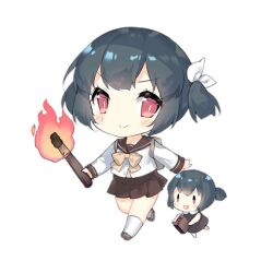 2girls :d backpack bag black_hair blush blush_stickers bow bowtie brown_dress brown_sailor_collar brown_shoes brown_skirt chibi closed_mouth dress fairy_(girls&#039;_frontline) fire full_body girls&#039;_frontline hair_ribbon holding holding_torch illumination_fairy_(girls&#039;_frontline) long_sleeves looking_at_viewer matchbox midriff_peek multiple_girls official_art open_mouth pleated_skirt red_eyes ribbon sailor_collar saru school_uniform serafuku shirt shoes short_hair short_twintails simple_background skirt smile socks third-party_source torch transparent_background twintails v-shaped_eyebrows walking white_ribbon white_shirt white_socks yellow_bow yellow_bowtie |_|
