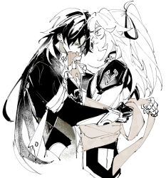 2boys blade_(honkai:_star_rail) chinese_clothes greyscale hair_ribbon highres honkai:_star_rail honkai_(series) hug jing_yuan long_hair long_sleeves looking_at_another male_focus mississipping monochrome multiple_boys ponytail ribbon upper_body